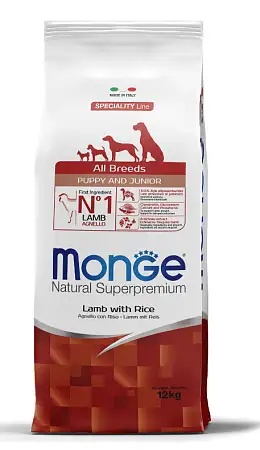 Купить monge dog speciality line puppy&junior сухой корм для щенков всех пород из ягненка с рисом