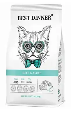 Best Dinner сухой корм для кастрированных кошек склонных к аллергии и проблемам с пищеварением, с говядиной и яблоком