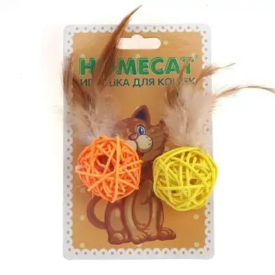 Homecat игрушка для кошек мячи из ротанга с пером и колокольчиком